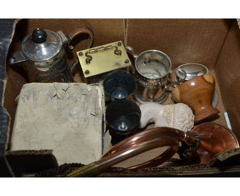 Brass carriage clock, copper hunting horn, silver plated water jug etc