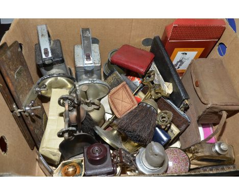 Box of assorted collectable's including tie press, hand held torches, companion set, owl lantern, Kodak boxed Brownie etc