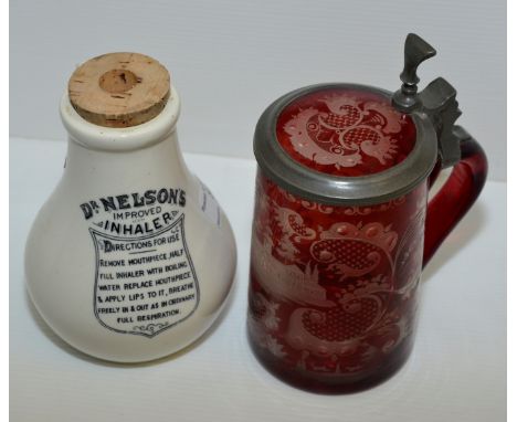 Doctor Nelson's improved inhaler and a ruby etched glass decanter with pewter lid 