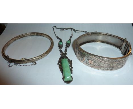 Silver hallmarked bangle and one other and marcasite necklace with inset green stones