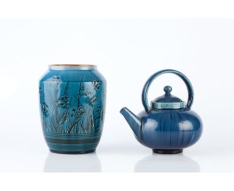 Linthorpe Pottery Teapot and Vase in the manner of Christopher Dresser turquoise each impressed manufacturer's mark the teapo