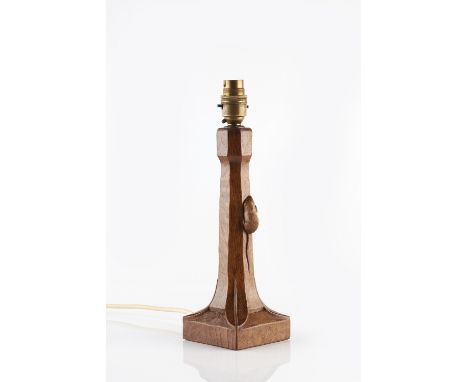 Robert Thompson of Kilburn (British, 1876-1955) Mouseman table lamp oak carved mouse 25.5cm high.