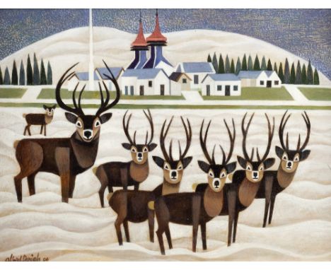 Alfred Daniels (British, 1924-2015) Reindeers in snow, 2004 signed and dated (lower left) oils on board 29.5cm x 38.5cm.