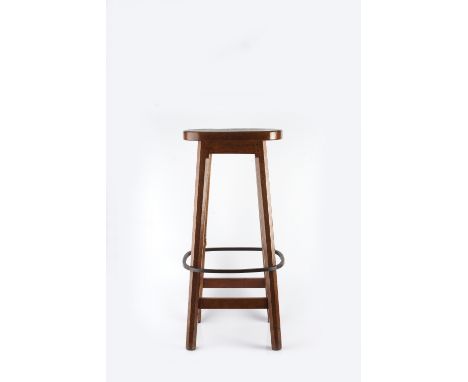 Robert Thompson of Kilburn (British, 1876-1955) Mouseman bar stool oak on four octagonal legs, joined by stretcher with steel