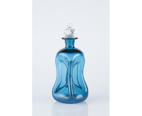 Holmegaard (attributed to) 'Kluk Kluk' decanter blue glass with clear glass crown stopper 24.5cm high.