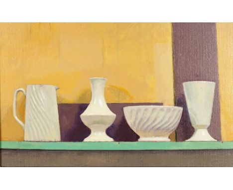 Geri Morgan (British, b.1926) White Pot, Green Shelf, 1996 inscribed, titled and dated (to reverse) oils on canvas 29.5cm x 4