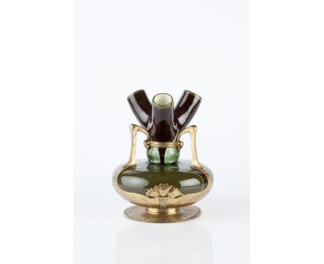 Osiris Vase gilt metal and ceramic, stylised handles and flower motifs stamped maker's mark and numbered '520' 17.8cm high.