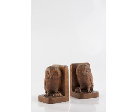 Robert Thompson (British, 1876-1955) of Kilburn Pair of 'Mouseman' owl bookends carved mouse signature adzed oak 16.2cm high,