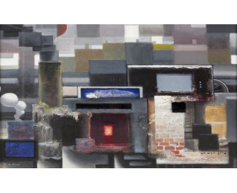 Jonny de Vins (British, b.1960) Engine of Forgiveness signed (lower left) oils and mixed media on board 43cm x 55.8cm.