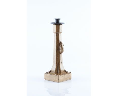 Robert Thompson of Kilburn (British, 1876-1955) Mouseman candlestick oak carved mouse 28.5cm high.