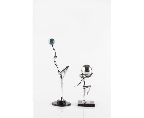 Manner of Hagenauer Art Deco nude holding a blue ball chrome, on stepped base 29.5cm high and a novelty lighter of a girl hol