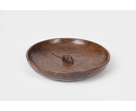 Robert Thompson of Kilburn (British, 1876-1955) Mouseman bowl oak carved mouse in centre 29cm diameter.