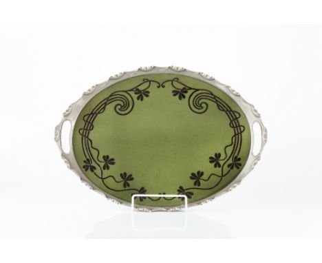 WMF and Weisbach (attributed to) Tray pewter rim and ceramic base, decorated with scrolling foliage 39.5cm across.