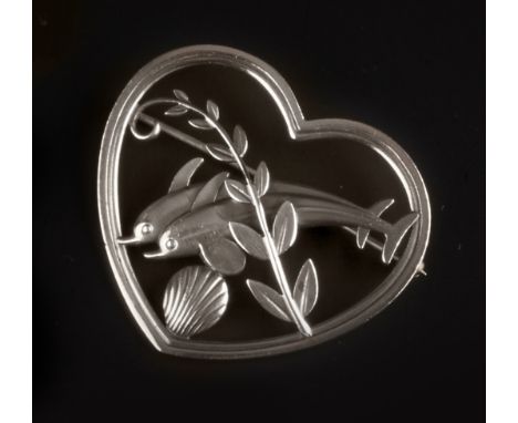 Arno Malinowski (1899-1976) for Georg Jensen Silver brooch openwork heart enclosing dolphins, foliage and shell motif numbere