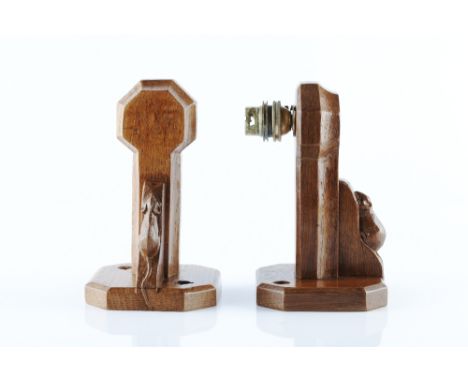 Robert Thompson of Kilburn (British, 1876-1955) Mouseman pair of wall lights oak carved mice 17.5cm high (2).