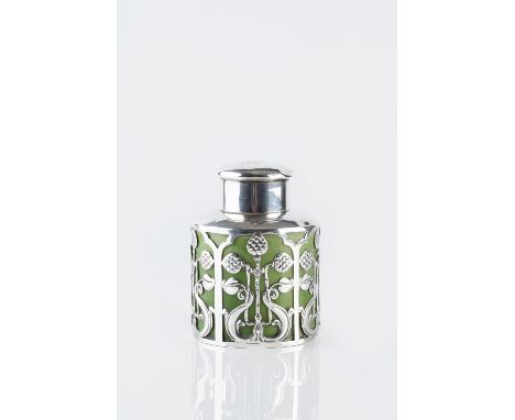 James Deakin & Sons and Watcombe Pottery Tea caddy silver mounted ceramic, the mount of pierced sinuous flowering plant desig