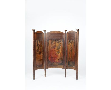 Arts & Crafts Three fold screen, in the manner of Walter Crane the central panel with a harp player within a forest, flanked 