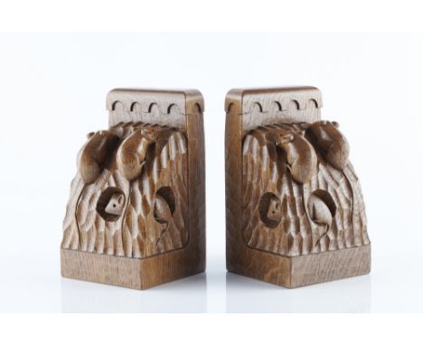 Robert Thompson of Kilburn (British, 1876-1955) Mouseman pair of three mice bookends oak carved mice 18cm high (2).