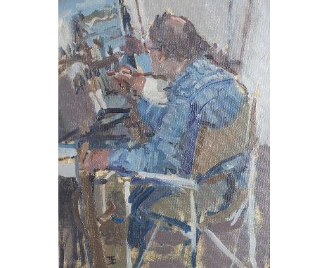 Tom Coates (British, b.1941) Alfred Daniels Painting on the Thames monogrammed (lower left) oils on canvas on board 24.2cm x 