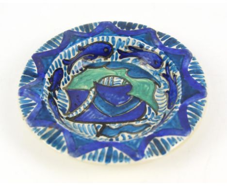 AMENDED DESCRIPTION - Ceramic ashtray, in the manner of John Pearson, in blue and green depicting a galleon in a border of fi