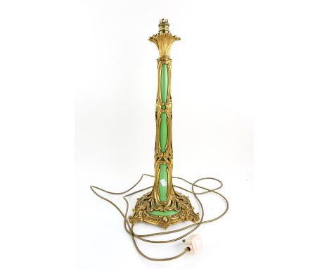 Early 20th century green porcelain and ormolu lamp cast with C scrolls and foliage, 57.5cmCondition Report:  Crack and chips 