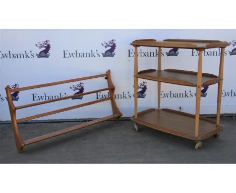 Ercol light elm three tier tea trolley, on castors, H77 W71 D46 cm, and two tier wall rack, 50 x 96 cm