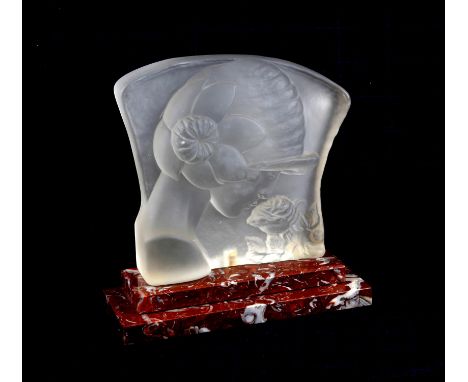 Art Deco style moulded glass relief plaque of girl smelling a rose, on a stepped red marble base, unmarked, 26 cm high, 26 cm