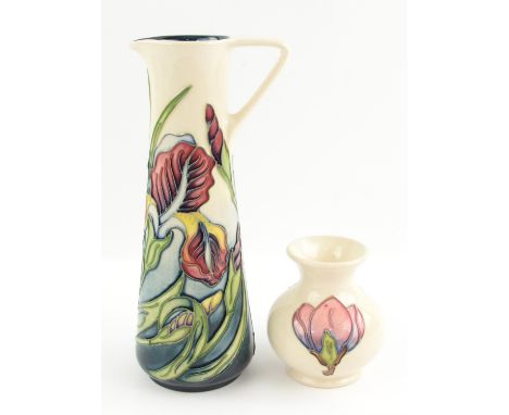 Moorcroft Iris design ewer, M.C.C. numbered 638, dated 96, 25 cm high (some crazing), and a pink magnolia on ivory small balu