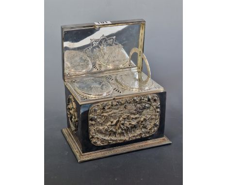 A LATE 19th C. ELECTROPLATE TWO COMPARTMENT TEA CADDY, THE HINGED LID AND SIDES WITH ELECTROTYPE PANELS OF HUNTING AND OF BAC