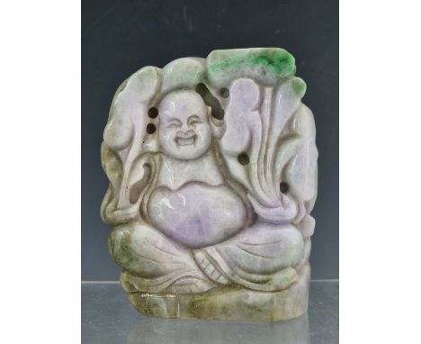 A CHINESE JADEITE CARVING OF BUDAI SEATED AMONGST LINGZHI FUNGUS, THE STONE GREY THROUGH PURPLE AND EMERALD GREEN.   H 11cms.