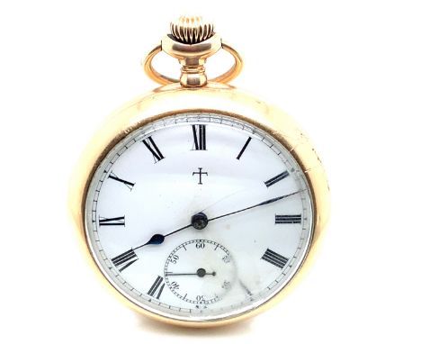 A VINTAGE GOLD POCKET WATCH WITH OPEN FACED ENAMEL DIAL BEARING CRUCIFORM MAKERS MARK. SUBSIDIARY SECONDS. MOVEMENT UNEXAMINE