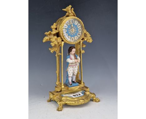 AN ORMOLU AND SEVRES TASTE PORCELAIN MANTEL CLOCK WITH A PLATFORM ESCAPEMENT MOVEMENT, THE CASE CRESTED BY DOVES BILLING ABOV