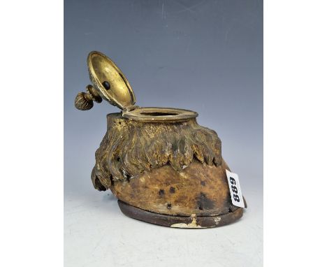 A 19th C. ORMOLU MOUNTED HORSE HOOF INKWELL, THE GADROONED LID WITH PINEAPPLE FINIAL