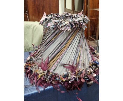 TWO SILK LAMP SHADES LABELLED RUBY AND PEARL AND ORIGINAL DESIGN, BOTH TRIMMED AT THE TOP AND BOTTOM BY BANDS OF TRIMMINGS SE