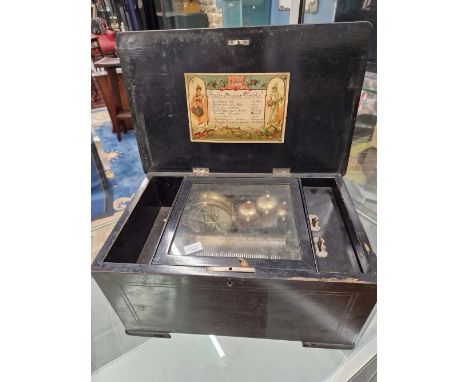 AN ANTIQUE LEVER WIND MUSIC BOX, PLAYING 8 AIRS ON COMB, BELLS AND DRUM.