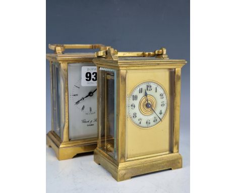TWO CARRIAGE TIMEPIECES, ONE WITH ARABIC NUMERALS ON AN ENAMEL CHAPTER RING, THE OTHER WITH ROMAN NUMERALS ABOVE THE MAKERS G