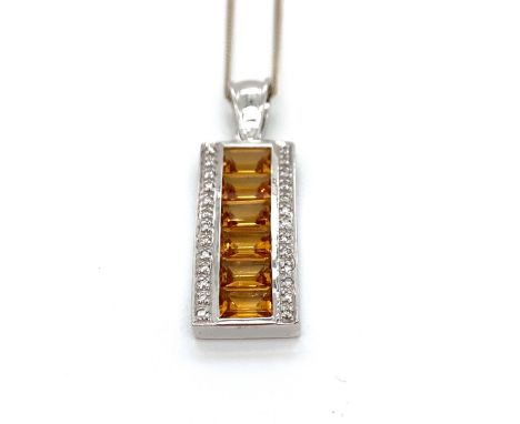 AN 18ct WHITE GOLD, YELLOW QUARTZ AND DIAMOND PENDANT SUSPENDED ON A SILVER CHAIN. THE PENDANT SET WITH SIX BRIGHT YELLOW  GE