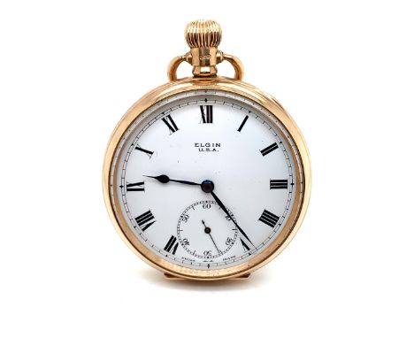 A 9ct HALLMARKED GOLD OPEN FACE ELGIN POCKET WATCH. THE INNER CASE DATED 1922, BIRMINGHAM, A.L.D, 237076 F, THE DUST COVER WI