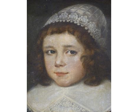 19th C. SCHOOL, PORTRAIT OF A STEWART PERIOD BOY WEARING A LACE CAP, OIL ON CANVAS, LABELLED ON THE BACK AS BEING JAMES II AS