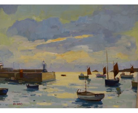 ERIC WARD (B. 1945), ARR. MORNING LIGHT SMEATONS PIER, ST IVES, OIL ON CANVAS, SIGNED LOWER RIGHT.   40.5 x 51cms.