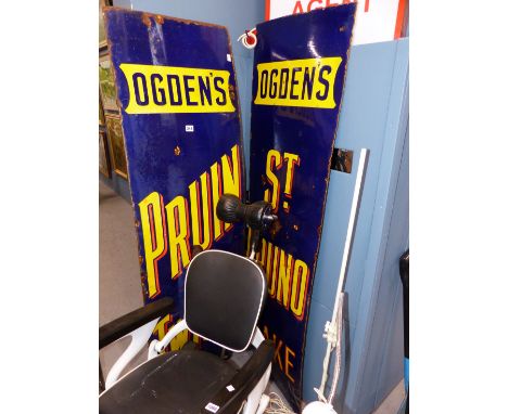 TWO BLUE GROUND ENAMEL SIGNS FOR OGDENS PRUIN TWIST AND FOR OGDENS ST BRUNO FLAKE, THE SCRIPT IN YELLOW AND ORANGE, EACH.   1