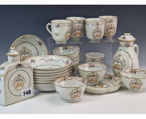 A LATE 18th/EARLY 19th C. CHINESE EXPORT MONOGRAMMED PART TEA AND COFFEE SERVICE, EACH PIECE INITIALLED J H C WITHIN A RIBBON