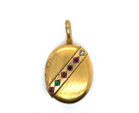 AN ANTIQUE ACROSTIC GEMSET REGARD PORTRAIT LOCKET. THE REVERSE ENGRAVED G F F?, SEPT 17th 1875, AGED 4 MONTHS. THE LOCKET UNH