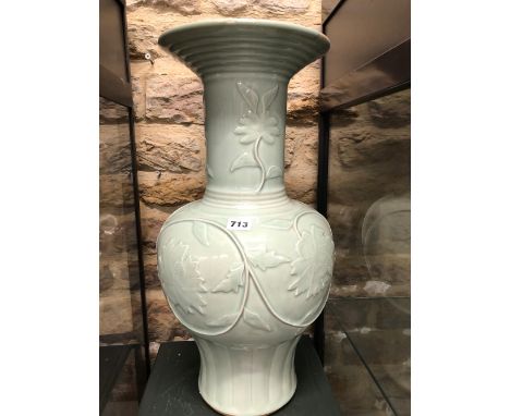 A CHINESE CELADON YENYEN VASE WITH BANDS OF FLOWERS IN BANDS ABOVE THE LAPPET MOULDED FOOT, FOUR CHARACTER SEAL MARK,   H 53c