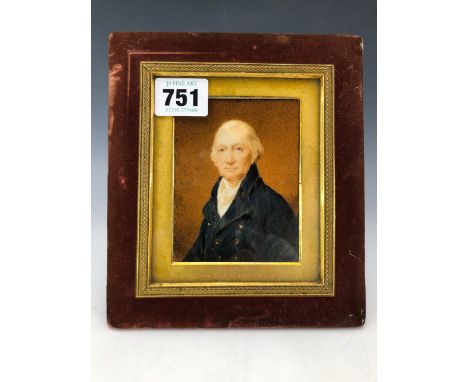 A PORTRAIT MINIATURE OF ANDREW WOOD (1742-1821) AGAINST A BROWN GROUND AND WITHIN AN EASEL BACKED FRAME 