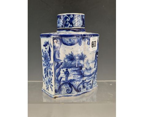 A LATE 19th/EARLY 20th C. DELFT BLUE AND WHITE TEA CADDY PAINTED WITH FLOWERS AND WITH A COASTAL SCENE.   H 13cms.