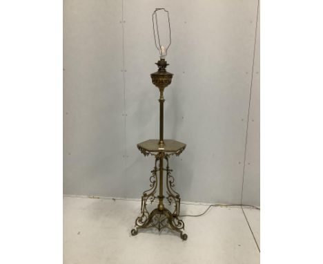 An Edwardian brass and green onyx standard lamp table, height 140cm