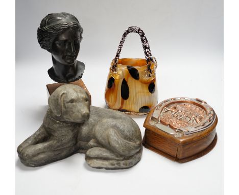 An early 20th century Italian signed bust of a lady, a studio glass basket, model of a dog and a cribbage set (4)