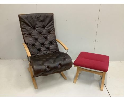 A Mogens Hansen chair frame, with later seat cushion, width 63cm, depth 73cm, height 104cm  and footstool