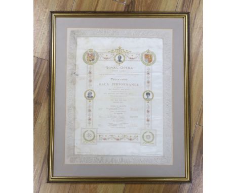 A vintage silk Royal Opera Covent Garden programme, designed and printed by Finden Brown &amp; Co, framed,  41 x 32cm
